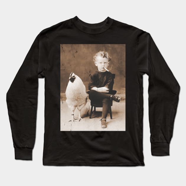 Smoking Boy With Chicken Vintage Bizarre Weird Funny Long Sleeve T-Shirt by k85tees